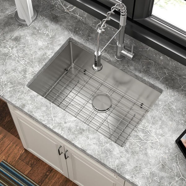 HBEZON Brushed Nickel Stainless Steel 27 in. Single Bowl Undermount Workstation Kitchen Sink with Drainboard and Bottom Grid