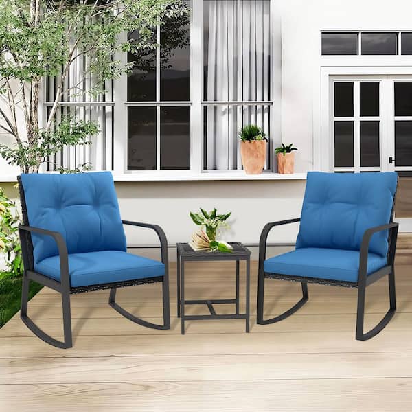 3-Piece Metal Wicker Outdoor Bistro Set Rocking Chair Set with Blue Cushions, 2 Rocking Chairs, Glass-Top Table