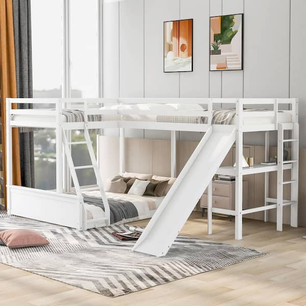 GODEER White Twin Over Full Bunk Bed With Twin Size Loft Bed With Desk ...