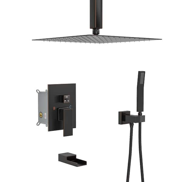 Logmey 3-Spray Patterns with 1.8 GPM 16 in. Ceiling Mount Dual Shower Heads w/ Rainfall Shower Head System in Oil Rubbed Bronze