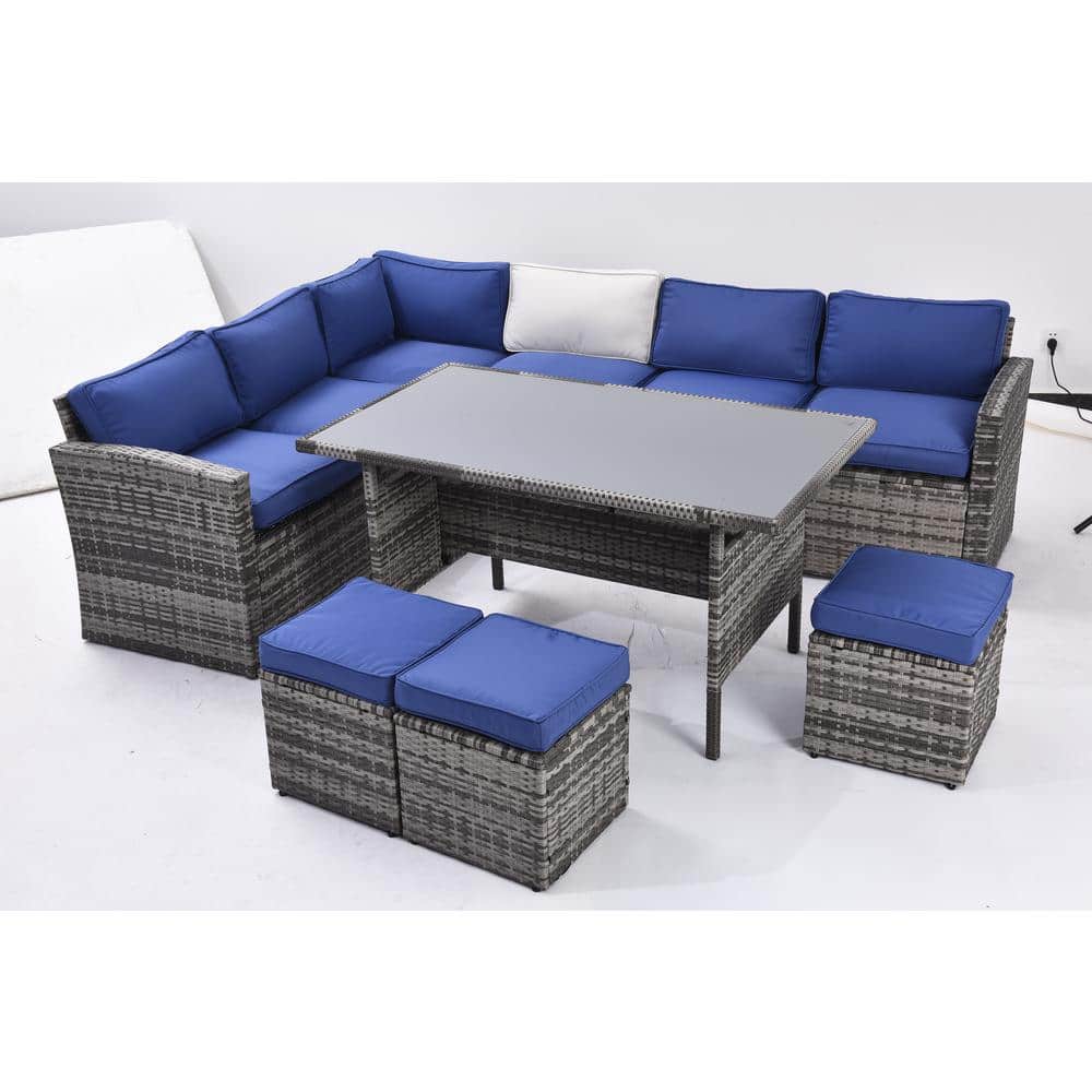 7 Pieces Metal Patio Conversation Outdoor Furniture Set with Blue Color Cus
