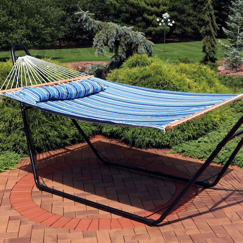 Blue Quilted Polyester 2-Person Spreader Bar Hammock with Pillow