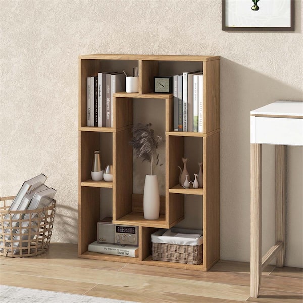 Costway 35.5 in. Tall Natural Engineered Wood 7-Shelf Geometric Bookcase with Open Storage and Tip-Resistant Hardware