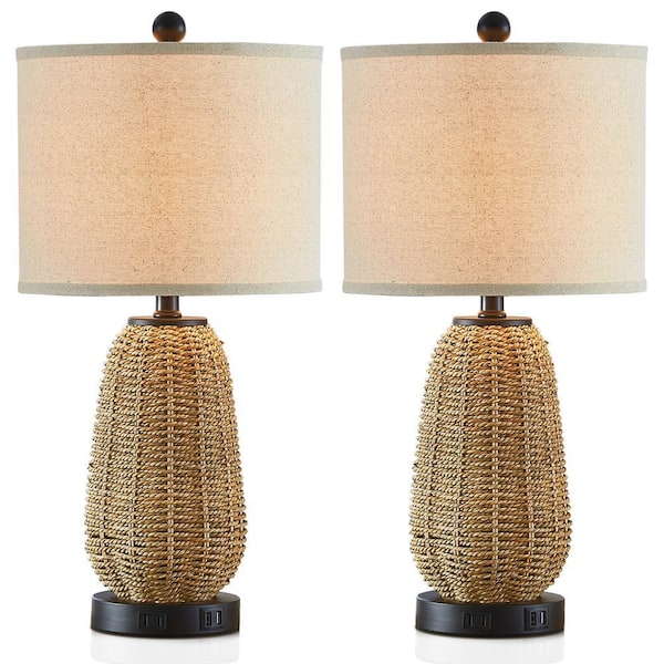 Tiburon 22.8 in. Wood Color Rattan Table Lamp Set of 2 with 2 USB Ports and AC Outlet (Set of 2)