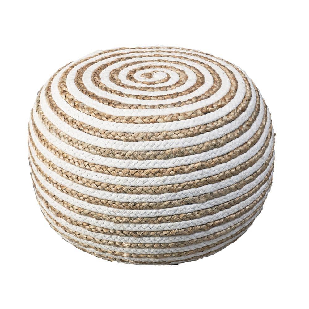 Elena White/Tan Striped Braided Cotton Blend Ottoman Pouf