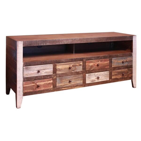 Benjara 60.75 in. Brown and Multicolor Wood TV Stand Fits TVs 70 in. with 8 Drawers