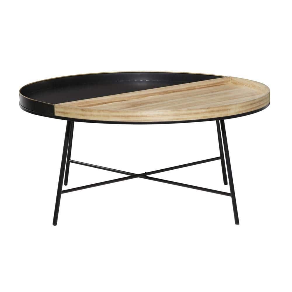 Modern Elegance Round 38" Wood & Black Metal Coffee Table