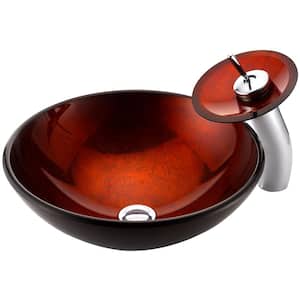 Arc Series Vessel Sink in Layered Amber with Matching Chrome Waterfall Faucet