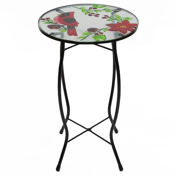 Northlight 19 in. Red Cardinal and Pine Cone Glass Patio Side Table