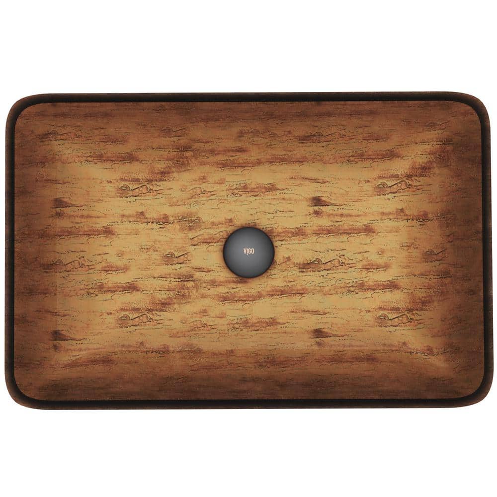 Amber Sunset Glass Rectangular Vessel Sink with Wood Finish