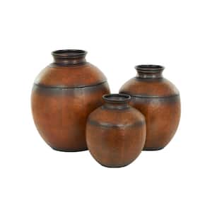 Brown Antique Style Round Pot Floor Metal Decorative Vase (Set of 3)
