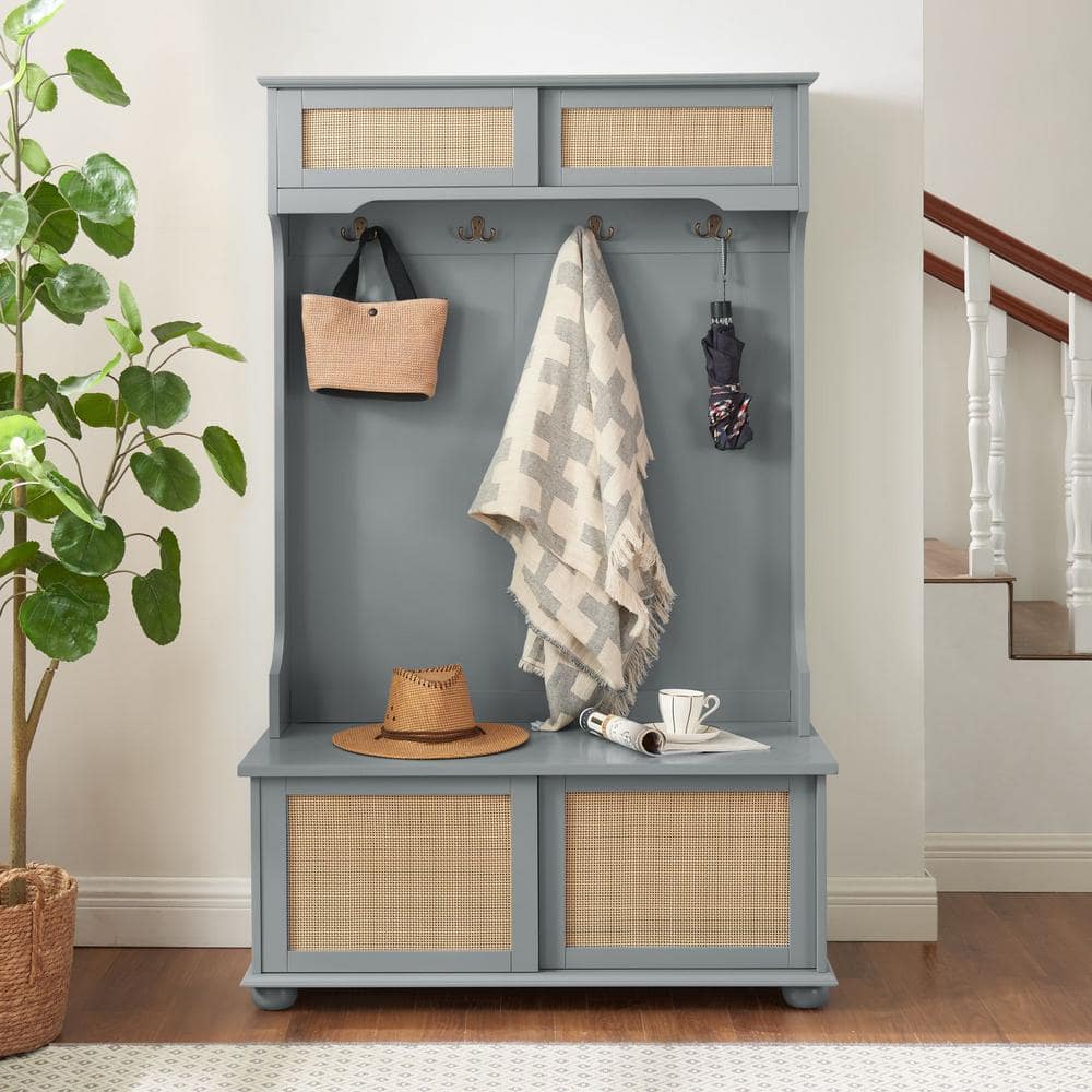 Gray Hall Tree Entryway Bench with Rattan Door Shelves, Shoe Cabinets and S