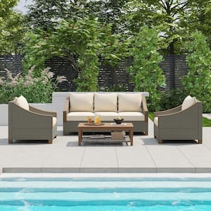 4-Piece Grey Wicker Rattan Patio Conversation Sofa Set with Wooden Coffee Table and Beige Cushions Seating 5-People