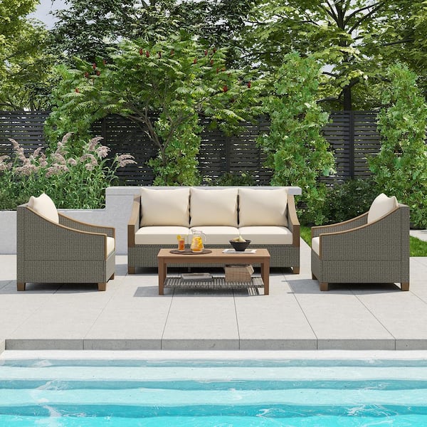 Clihome 4-Piece Grey Wicker Rattan Patio Conversation Sofa Set with Wooden Coffee Table and Beige Cushions Seating 5-People