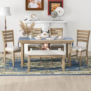 6-Piece Natural Wood Wash Rustic Wood Top Dining Set with Bench, 4 Linen Chairs