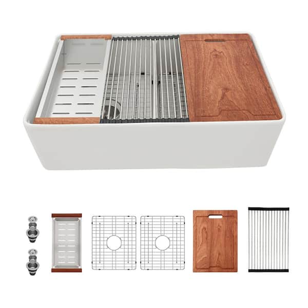 Zeus & Ruta 33 in. Farmhouse/Apron-Front Double Bowl White Ceramic Workstation Kitchen Sink with Strainer and Cutting Board