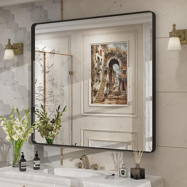 40 in. W x 36 in. H Rectangular Aluminum Alloy Framed and Tempered Glass Wall Bathroom Vanity Mirror in Matte Black
