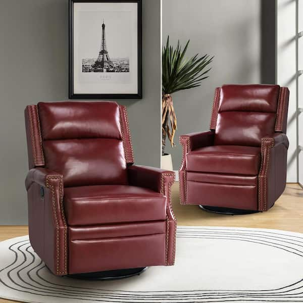 Dryope Burgundy Genuine Leather Nursery Swivel Rocker Recliner with Nailhead Trim Set of 2