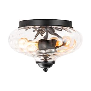 Avah 10.23 in. 2-Lights Black Flush Mount with Class Shade