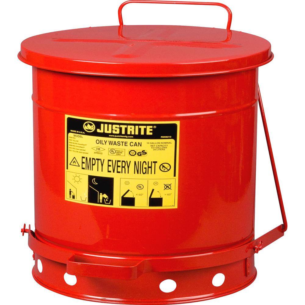 Justrite 09300 Red Galvanized Steel Oily Waste Safety Can 10 Gallon 