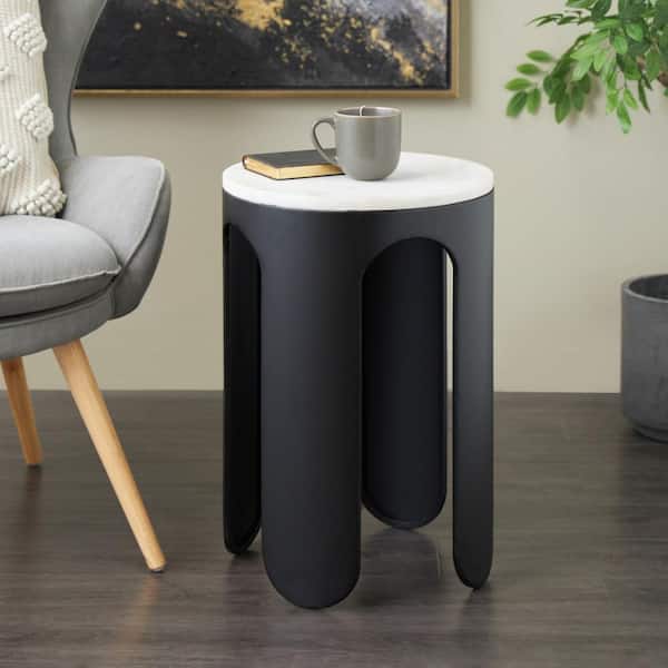 Litton Lane 15 in. Black Round Large Round Metal End Table with White Marble Tabletop