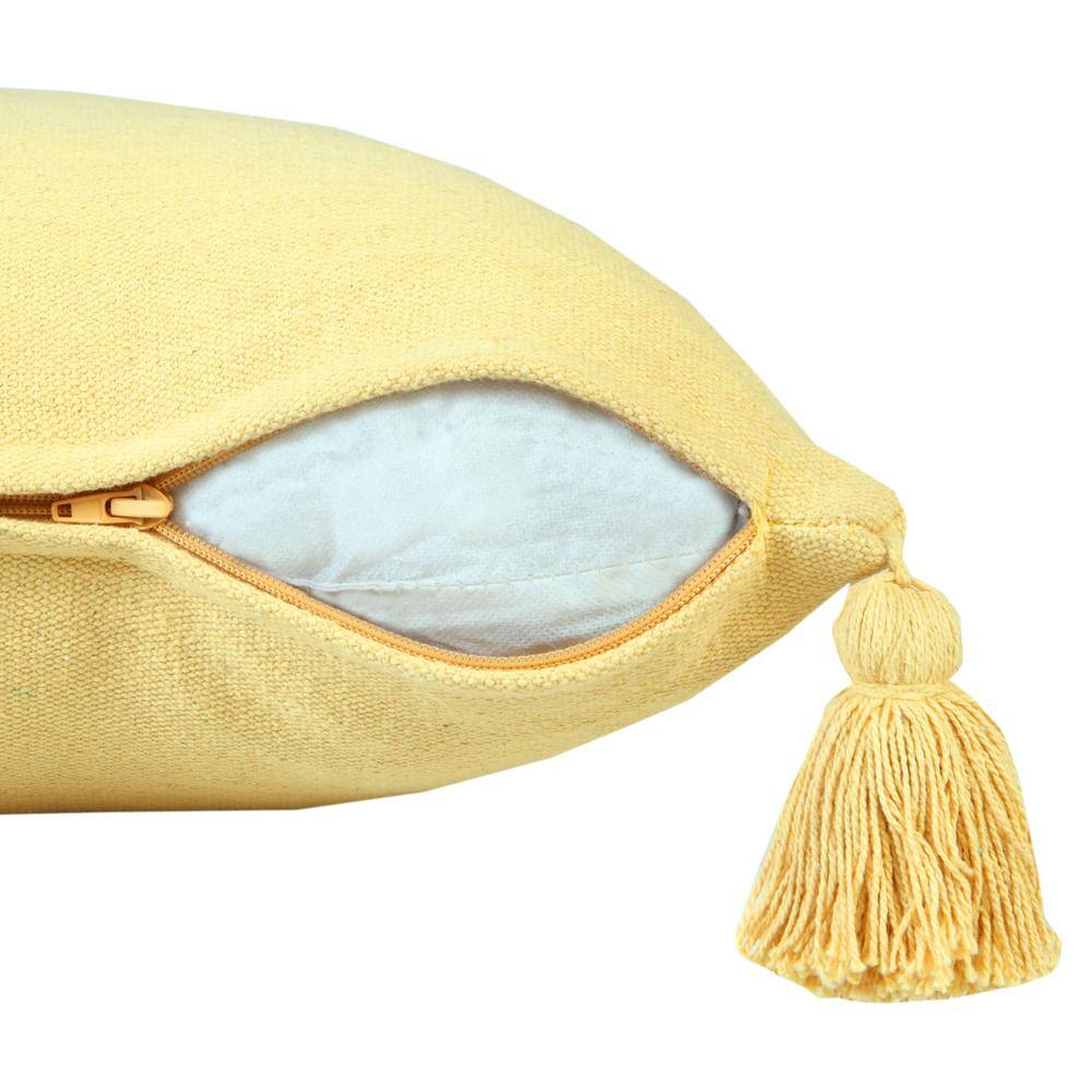 Yellow Cotton Square Throw Pillow with Tassels