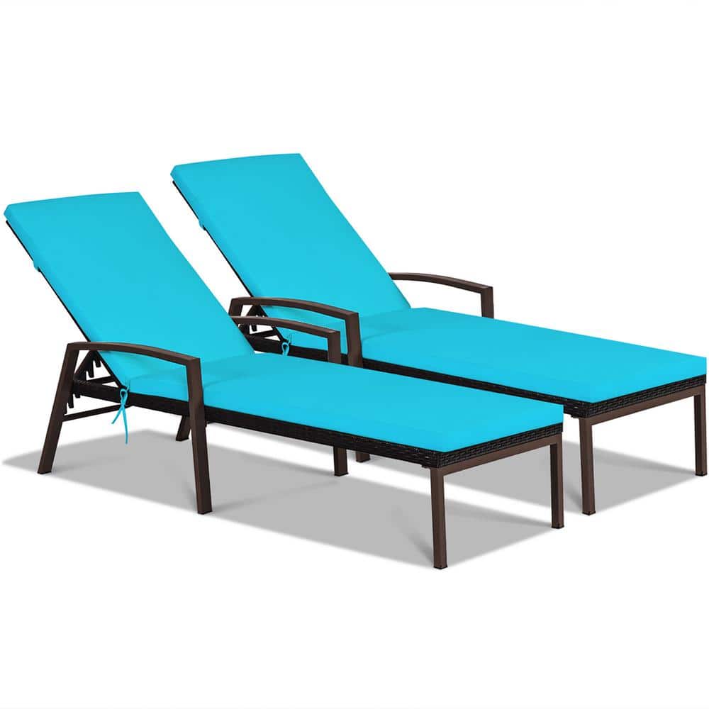 Turquoise Cushioned Rattan Chaise Lounge Chairs with Adjustable Backrest