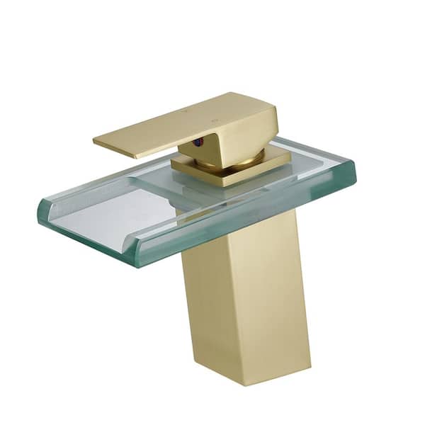 Unbranded Single Handle Single Hole Bathroom Faucet with LED Light Brass Waterfall Sink Vanity Faucets in Brushed Gold