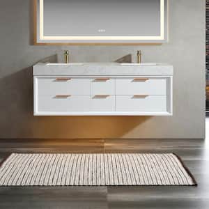 60 in. W x 20.7 in. D x 21.3 in. H Floating Bathroom Vanity in White solid Oak/White Engineer Marble Countertop & Lights