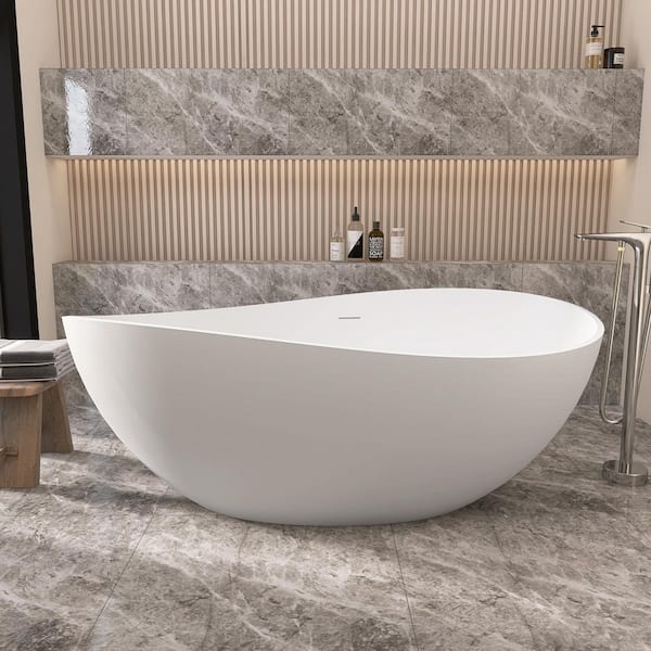 Dow 63 in. x 37.4 in. Solid Surface Stone Resin Flatbottom Freestanding Soaking Bathtub with Center Drain in Matte White