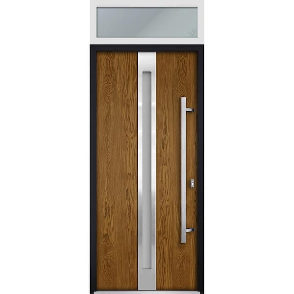 VDOMDOORS 36 in. x 96 in. Left-Hand/Inswing Transom Frosted Glass Natural Oak Steel Prehung Front Door with Hardware