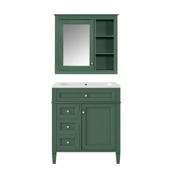 Qualler 30 in. W x 18 in. D x 33 in. H Single Sink Freestanding Bath Vanity in Green with White Resin Top and Mirror