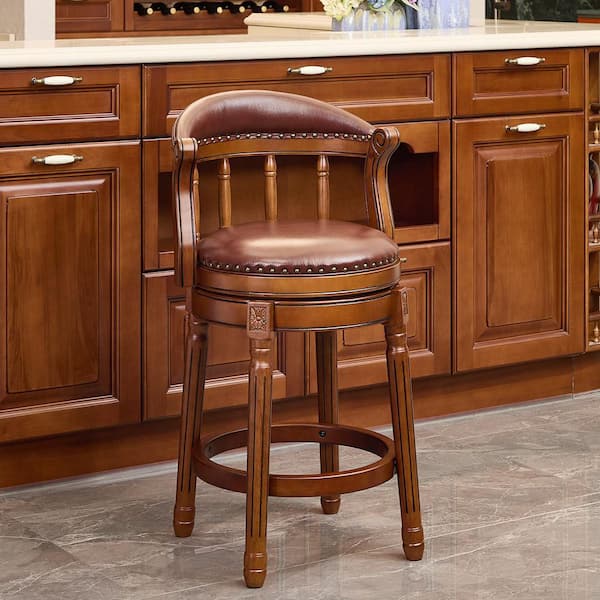 Abe 37.8 in. H Brown Solid Wood Bar Stool with Genuine Leather Seat, 360° Swivel Counter Height Chair with Back