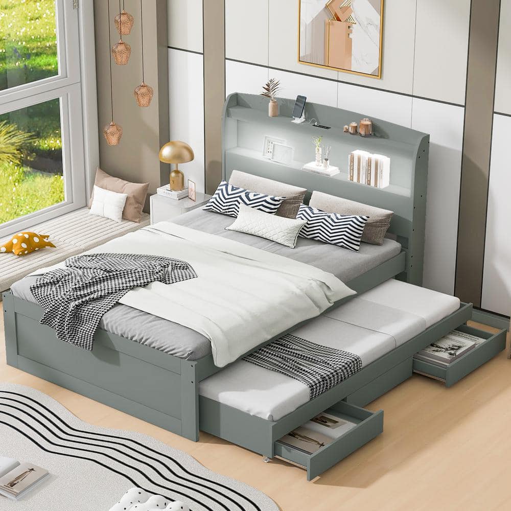 Harper & Bright Designs Gray Wood Frame Full XL Platform Bed with Twin