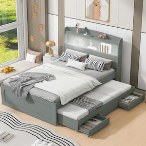 Gray Wood Frame Full XL Platform Bed with Twin Size Trundle, 2 Drawers, USB Charging, LED Headboard with Shelves