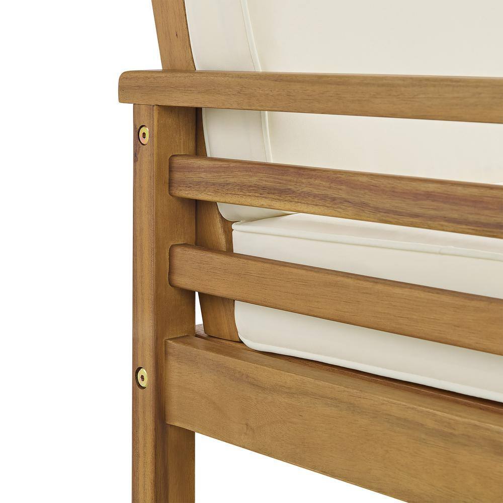 Natural Wood Two-Seater Outdoor Bench with Cream Cushions