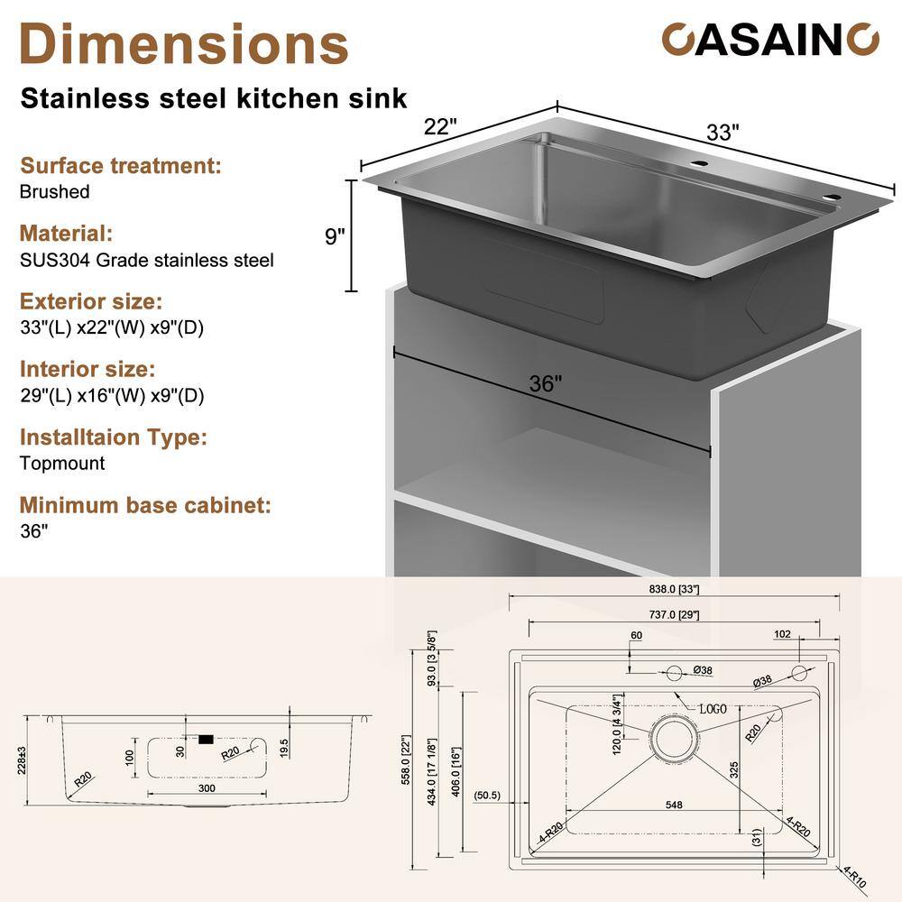 33'' Brushed Stainless Steel Single Bowl Kitchen Sink with Accessories