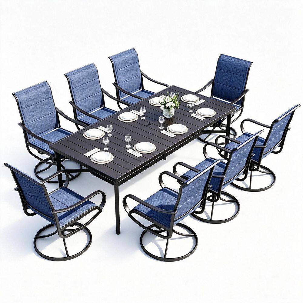 Black Metal 9-Piece Metal Outdoor Patio Dining Set with Slat Rectangular Table and Padded Blue Textilene Swivel Chairs price history on PriceWatchPro