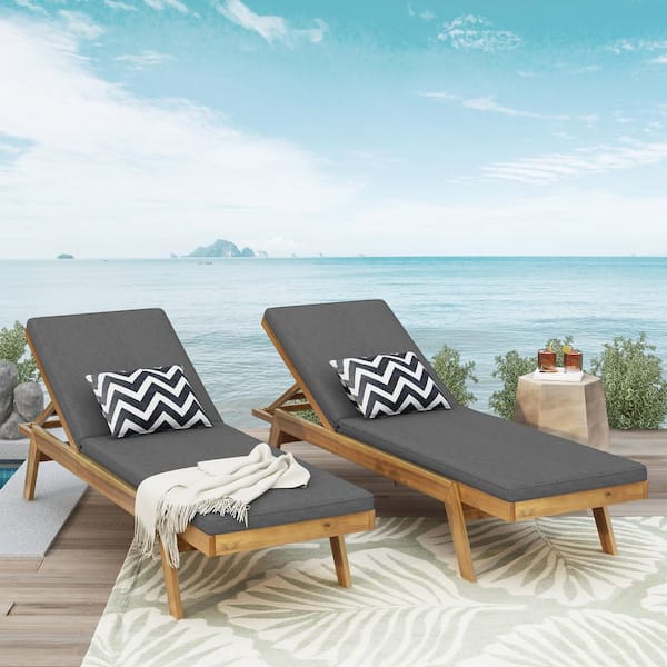 Edgar 2-Piece Teak Finish Solid Wood Outdoor Patio Chaise Lounge with Dark Gray Cushions