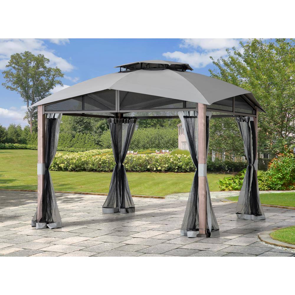 Gray Steel Frame Outdoor Gazebo with Mesh Netting and 2-Tier Roof