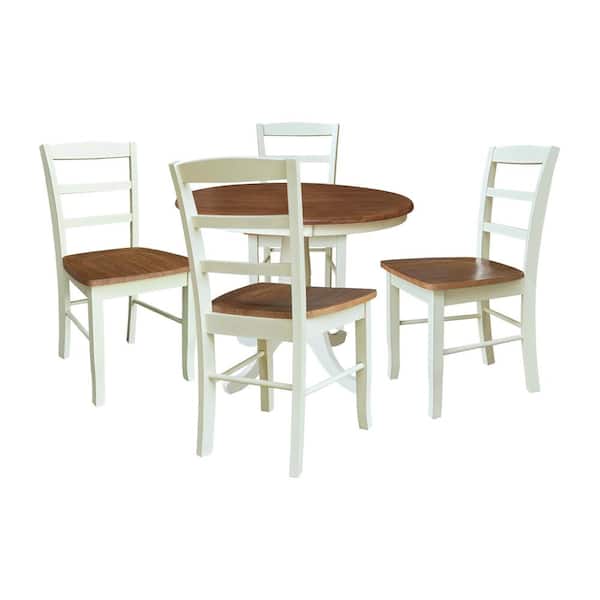 International Concepts Laurel 5-Piece Round Hickory/Shell Solid Wood Dining Set with 4 Madrid Chairs Seats 4
