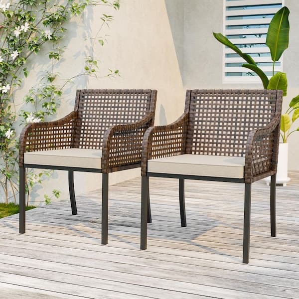 2-Pack Patio Wicker Woven Rattan Outdoor Dining Chairs with Beige Cushions