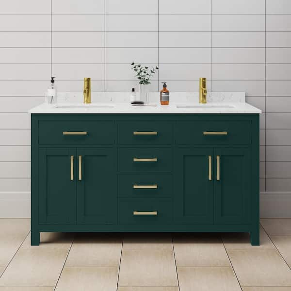 Wyndham Collection Beckett 60 in. W x 22 in. D x 35 in. H Double Sink Bathroom Vanity in Green with Carrara Cultured Marble Top