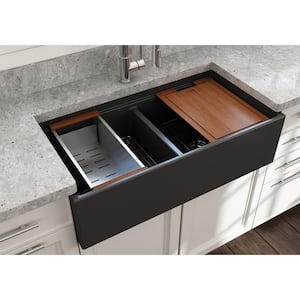 Step-Rim Matte Dark Gray Fireclay 36 in. Double Bowl Farmhouse Apron Front Workstation Kitchen Sink w/ Accessories