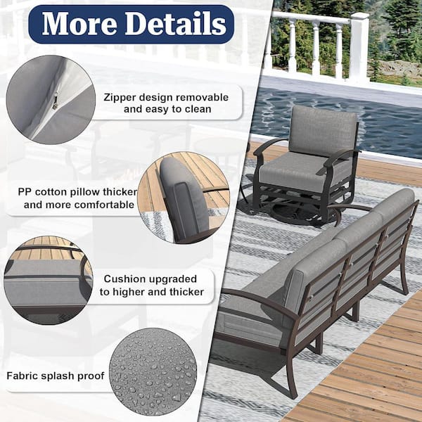 7-Piece Aluminum Patio Conversation Set with Armrest, 55000 BTU Firepit Table and Grey Cushions