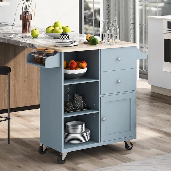 ARTCHIRLY Brown Solid Wood Top 41.34 in. Grey Blue Kitchen Island Cart ...
