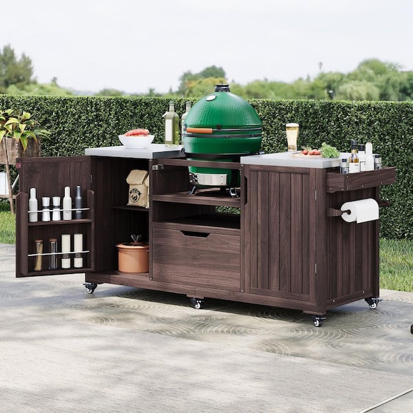 Dark Brown Solid Wood 66.5 in. Kitchen Island with Stainless Steel Top, Fir Wood Grill Table, Outdoor Available