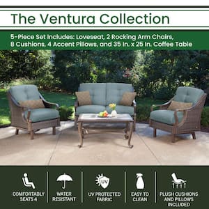 Ventura 4-Piece All-Weather Wicker Patio Seating Set with Ocean Blue Cushions, 4-Pillows, Coffee Table