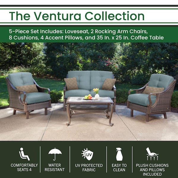 Ventura 4-Piece All-Weather Wicker Patio Seating Set with Ocean Blue Cushions, 4-Pillows, Coffee Table
