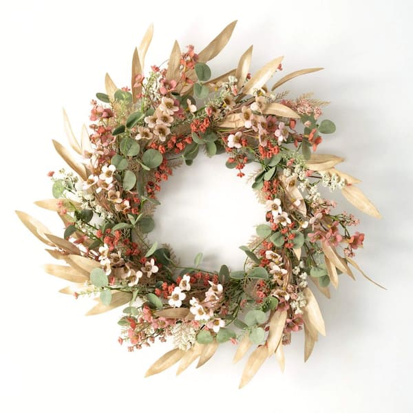 SULLIVANS 24 in. Artificial Rust Flower and Eucalyptus Wreath